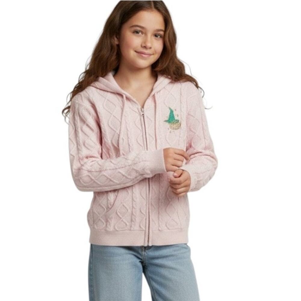 Wicked Brand Girls Hooded Sweater, Pink Cable Knit, Full Zip, Size L - Picture 1 of 10